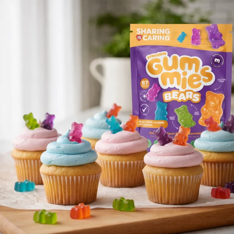 Cupcakes topped with Freedom Gummies Bears beside the bag