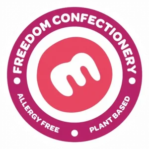 Freedom Confectionery circular badge with 'm' logo, 'ALLERGY FREE' and 'PLANT BASED' text, ideal for vegan marshmallows.