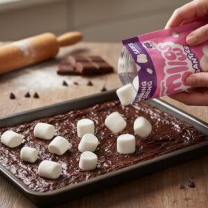 Hand pouring white Dandies allergy free vegan marshmallows from a pink bag onto warm chocolate brownies in a baking pan.