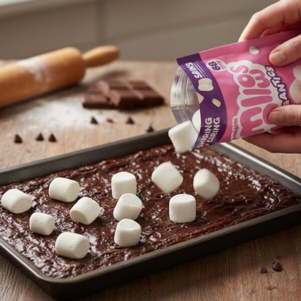 Hand pouring white Dandies allergy free vegan marshmallows from a pink bag onto warm chocolate brownies in a baking pan.