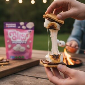 Hands pull apart a gooey, toasted s'more made with DANDIES M!l!os allergy free vegan marshmallows by a campfire.