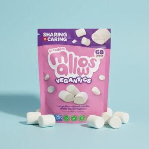 Pink bag of Vegantics Mallows, large plant-based vanilla white marshmallows, ideal for allergy-free vegan diets.