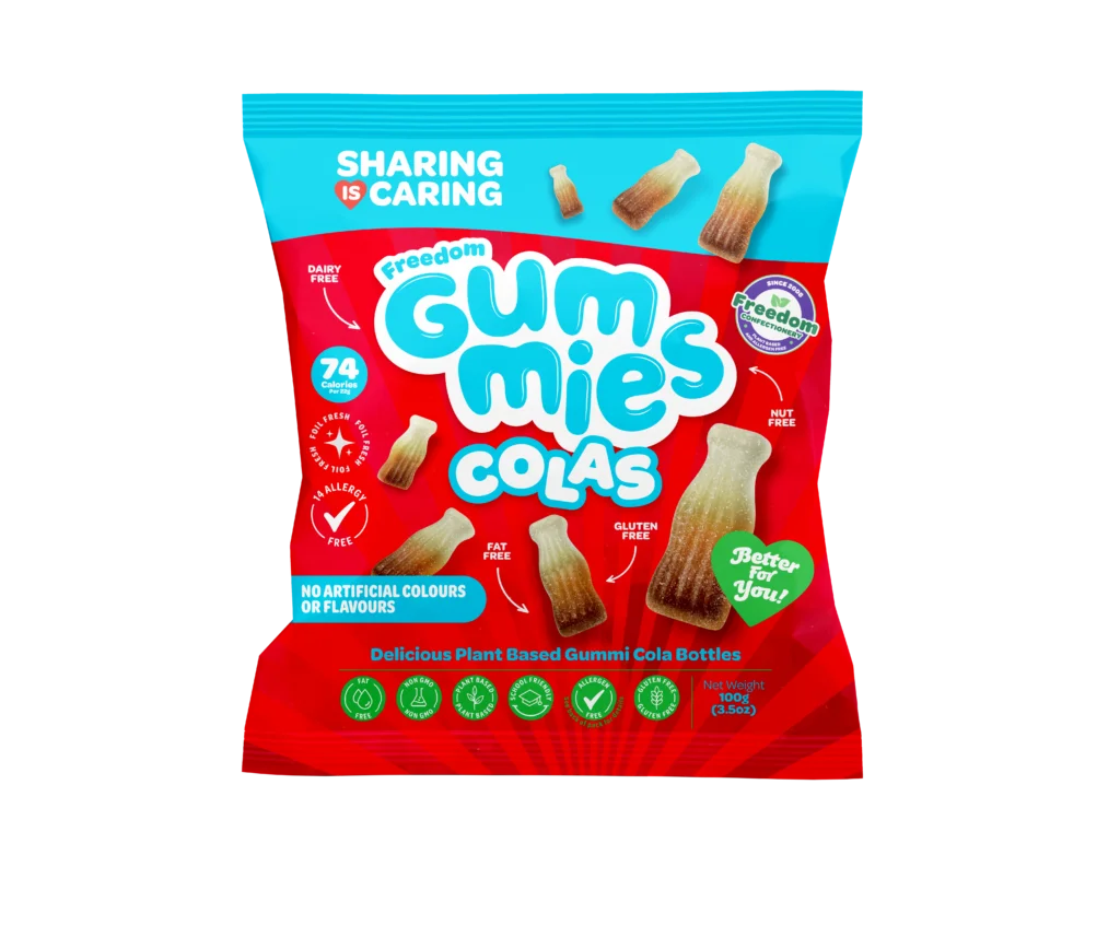 Freedom Gummies Colas 100g bag of vegan cola bottle gummies