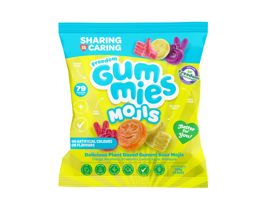 Freedom Gummies Mojis 100g bag of vegan sour Moji gummies