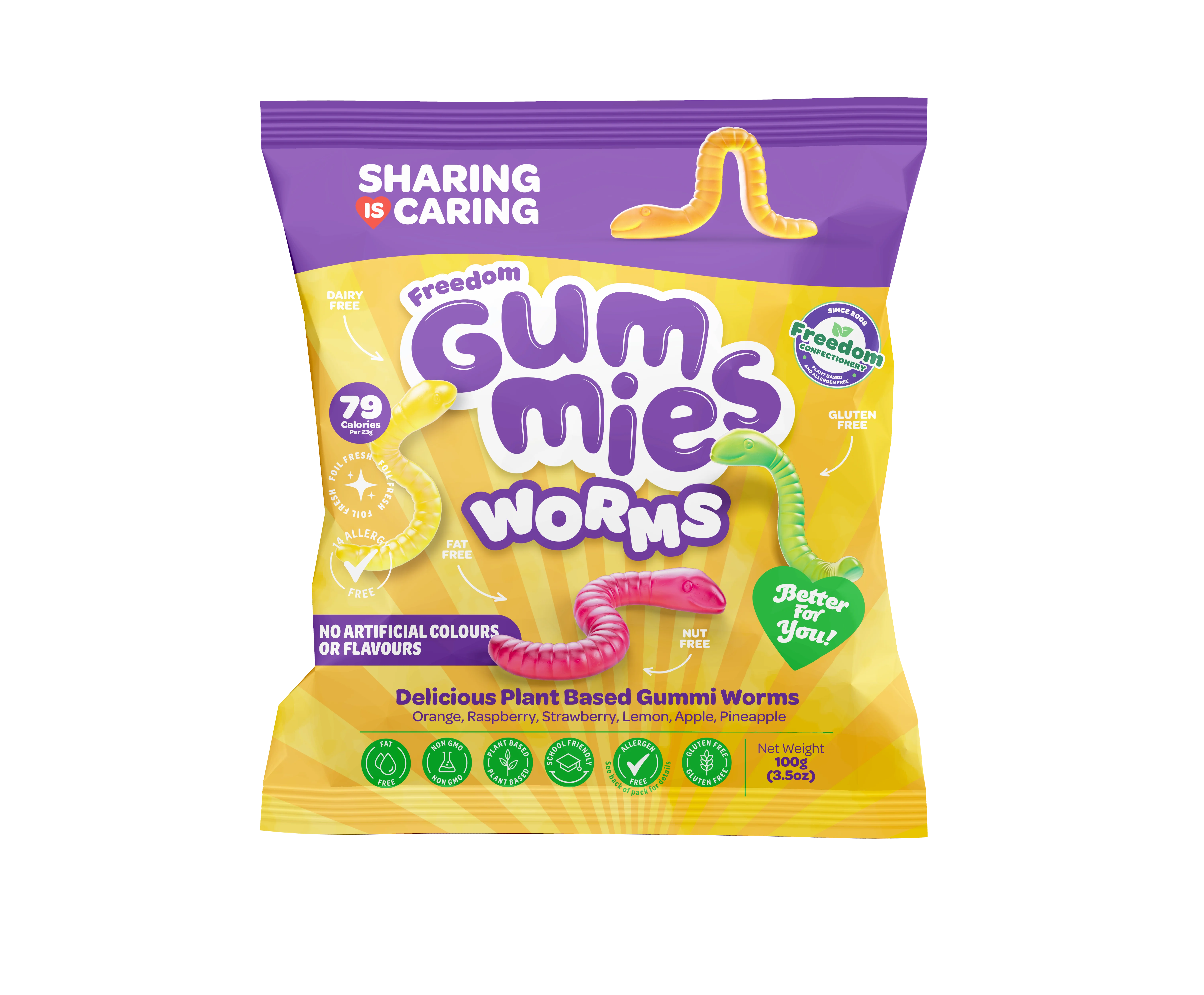 Freedom Gummies – Worms – 100g plant-based, Top 14 Allergy Free, Halal Certified, Kosher Suitable