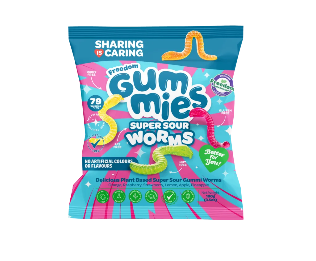 Freedom Gummies Super Sour Worms 100g bag of vegan sour worms