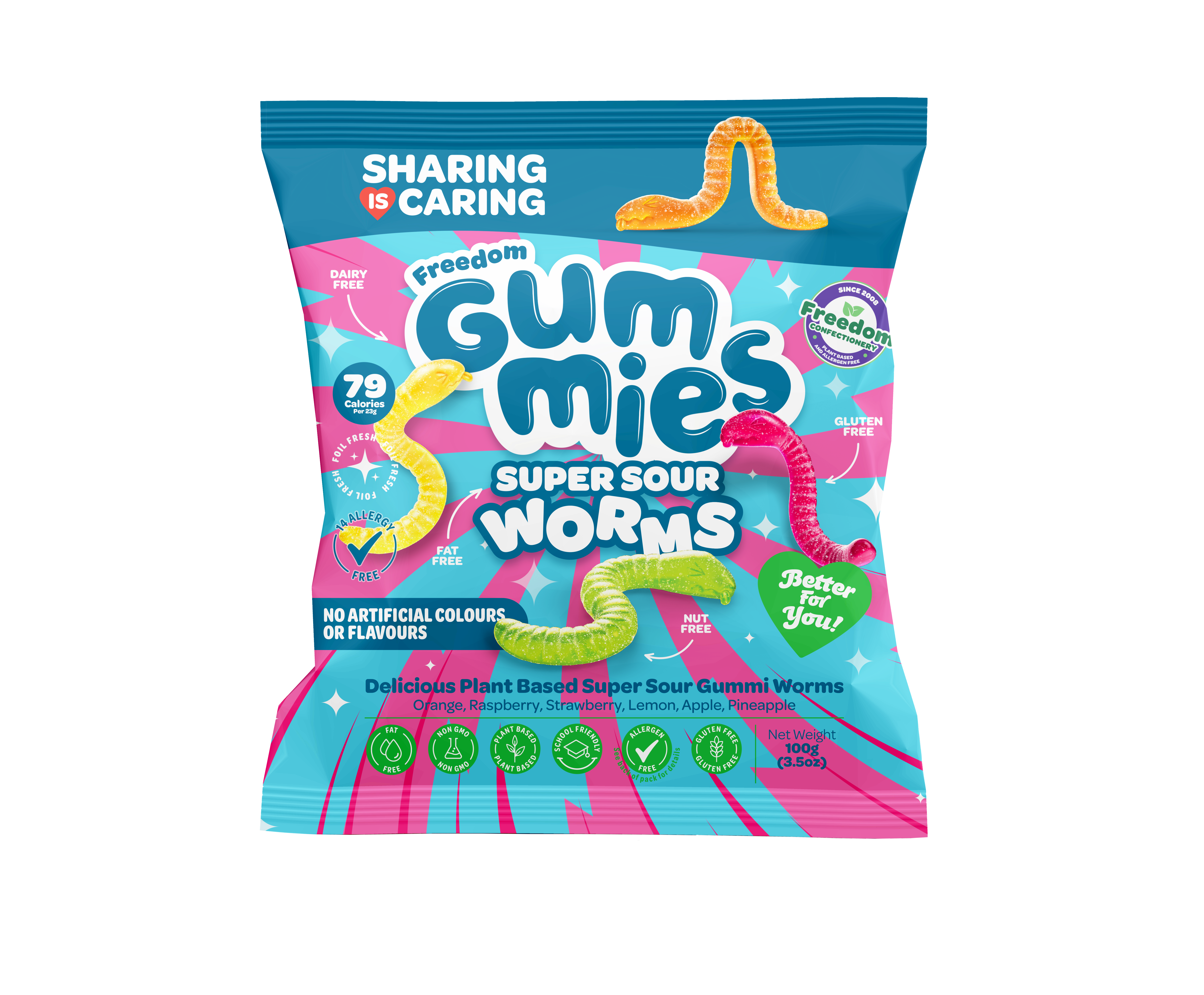 Freedom Gummies – Super Sour Worms – 100g Plant Based, Top 14 Allergy Free, Halal Certified, Kosher Suitable