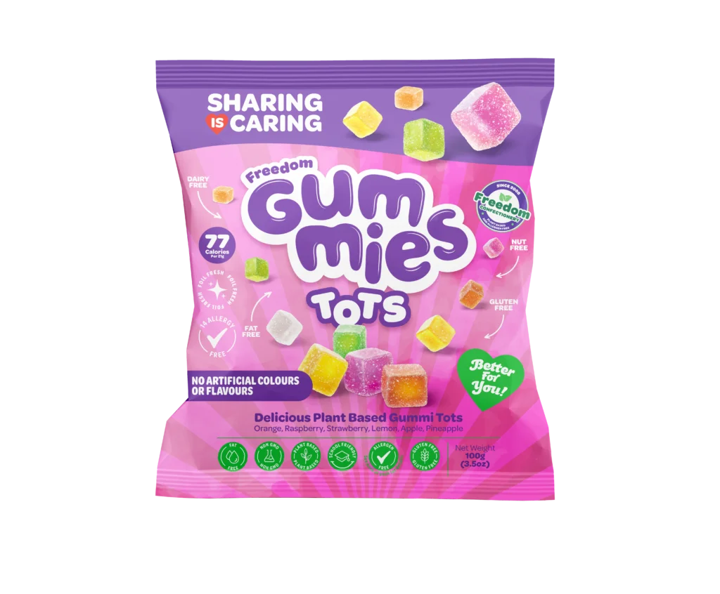 Freedom Gummies Tots 100g bag of vegan fruit gummy cubes