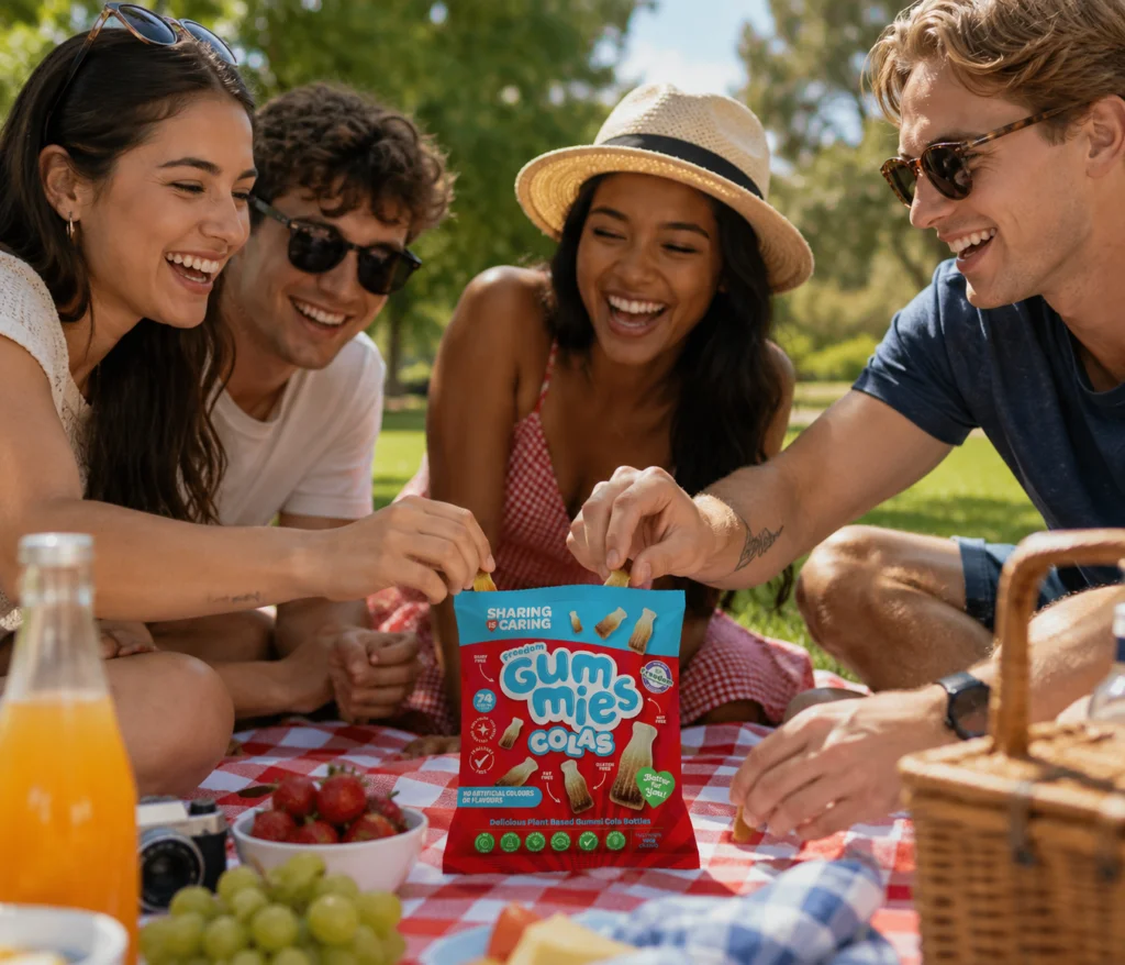 Friends sharing Freedom Gummies Colas at a picnic