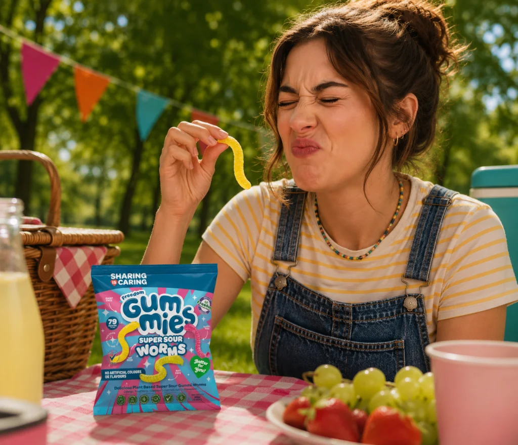 Woman pulling a sour face eating Freedom Gummies Super Sour Worms at a picnic