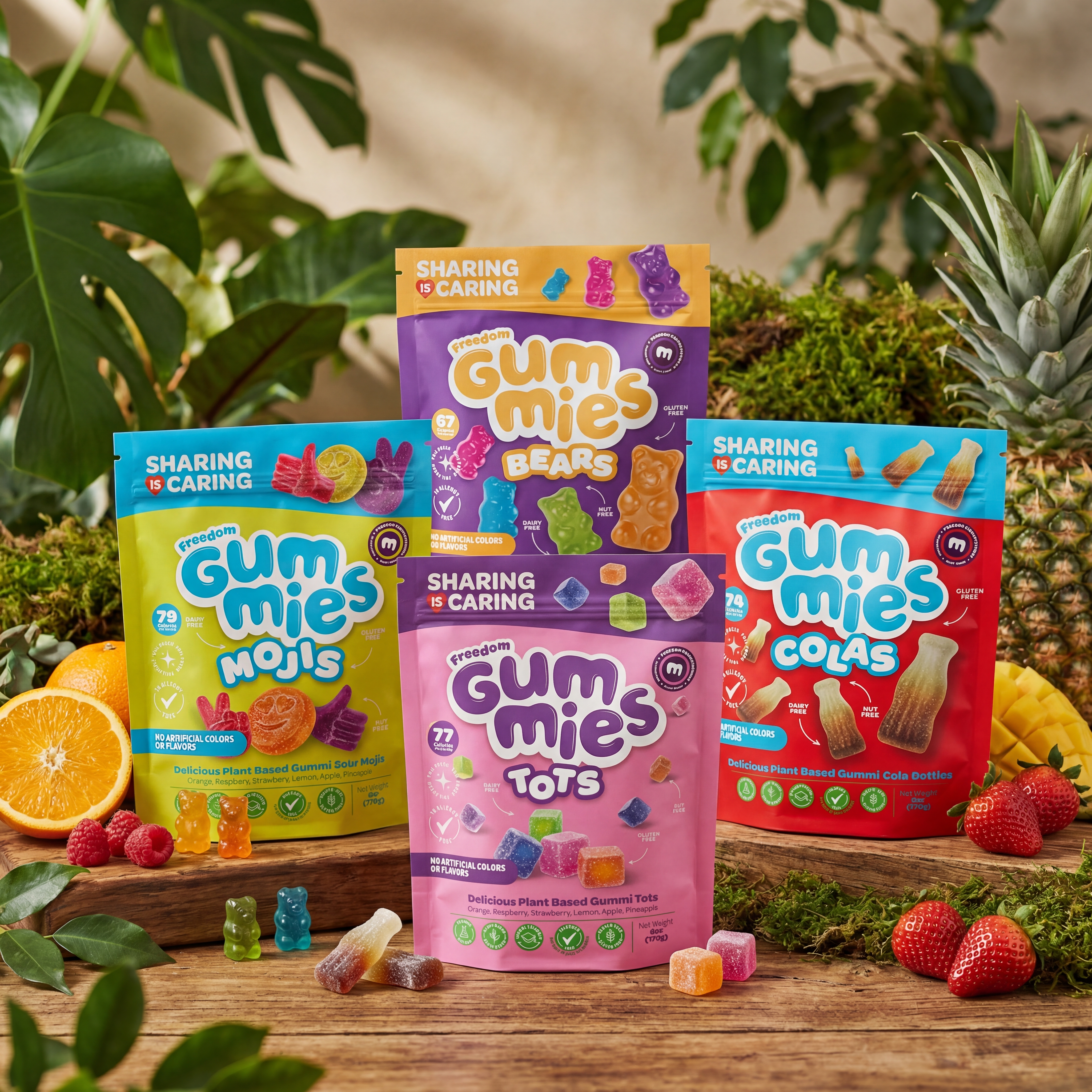 Four colorful pouches of Freedom plant-based gummies (Bears, Mojis, Colas, Tots) with fruits & moss. Safe treats for UK.