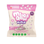 Freedom Mallows Minis bag showing pink and white allergy-free vegan marshmallows. Product is plant-based, dairy, gluten, nut-free.