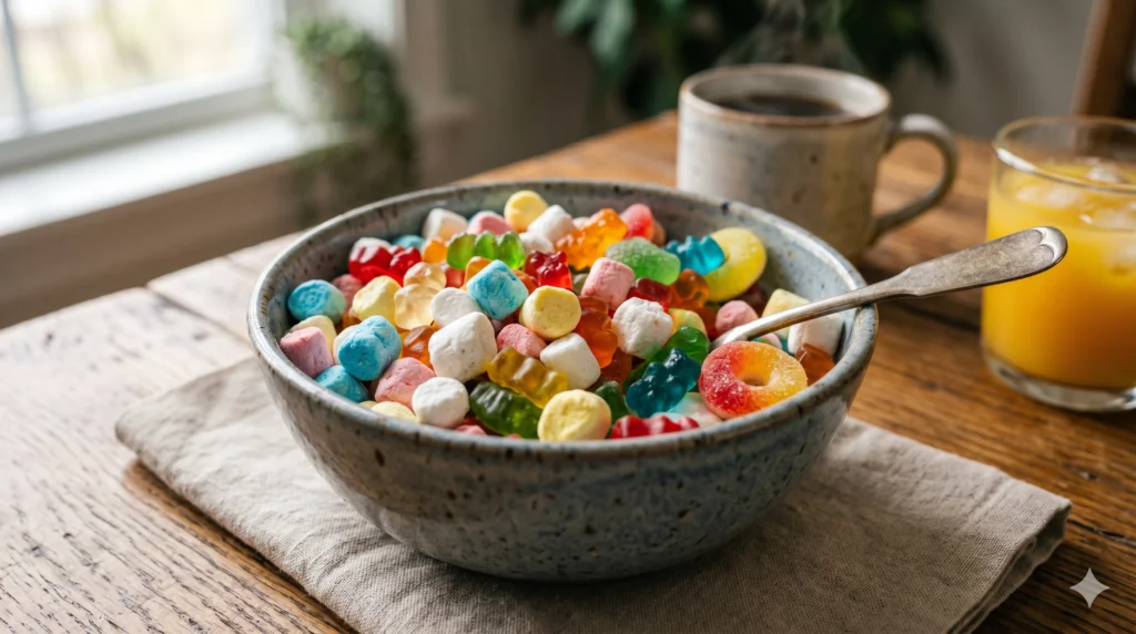 Freeze-dried marshmallows scattered over a breakfast cereal bowl
