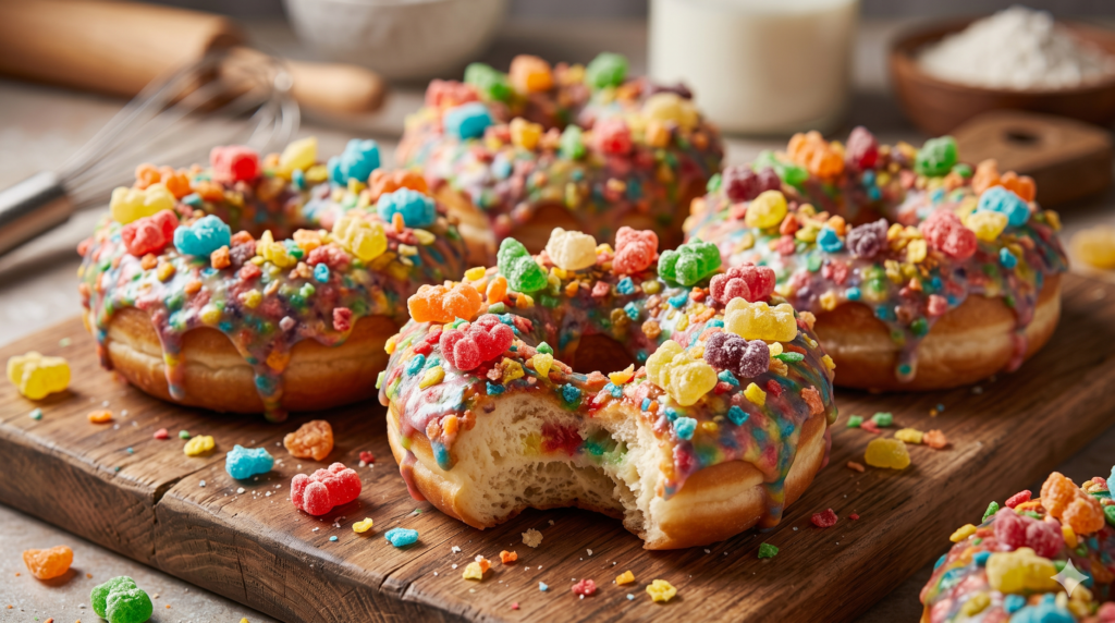 Doughnuts decorated with crunchy freeze-dried marshmallow pieces
