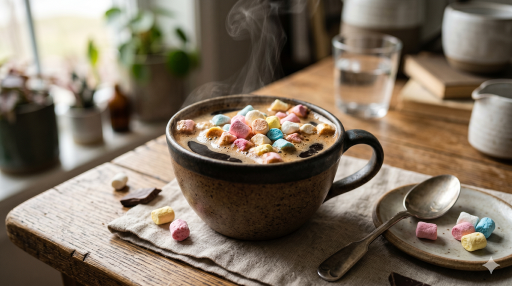 Hot chocolate topped with freeze-dried marshmallows