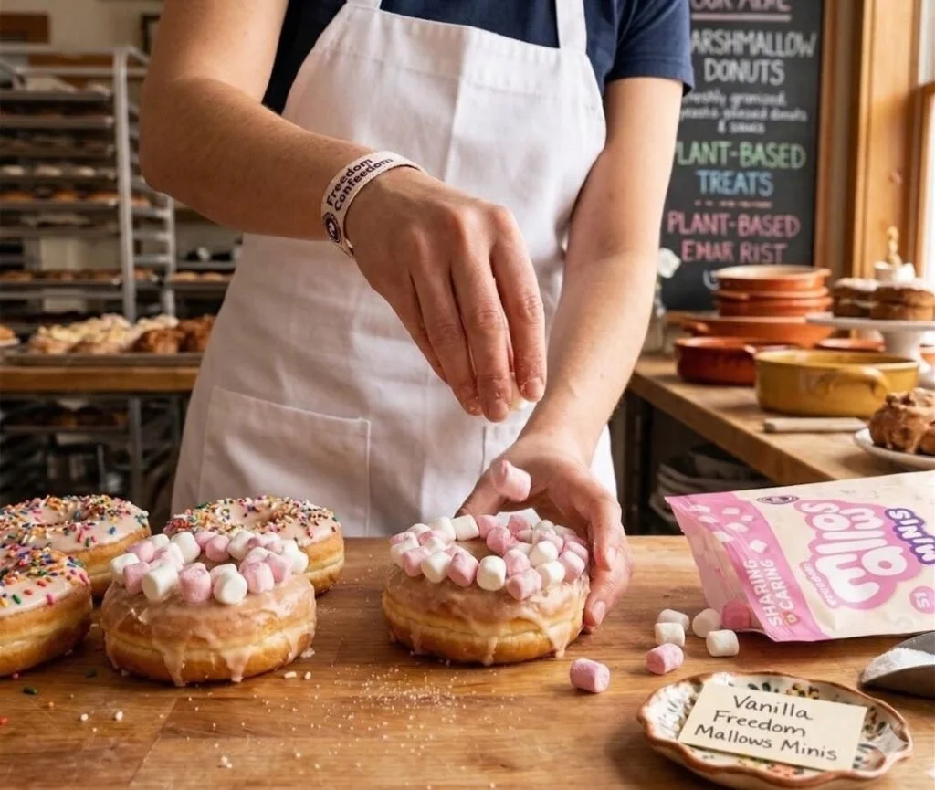 Classroom-safe allergen-free marshmallows decorating doughnuts