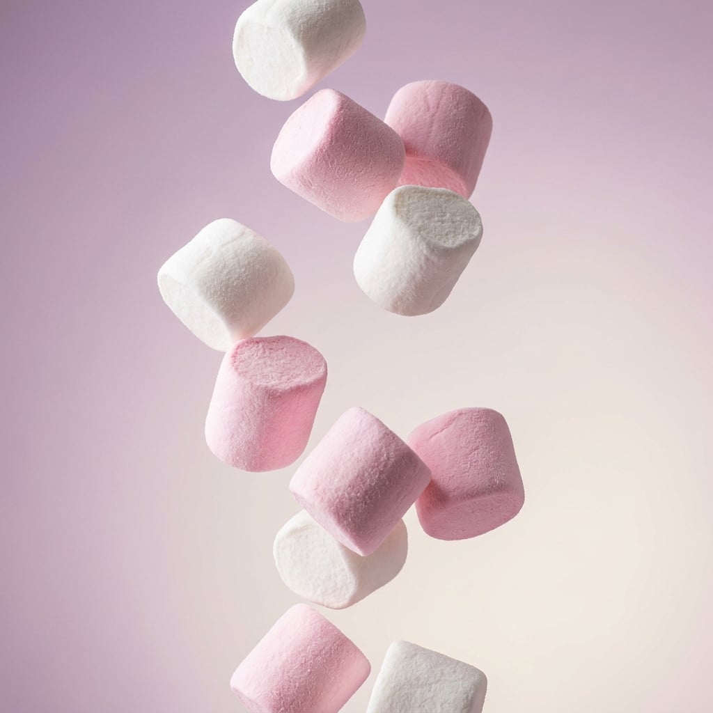 Pink and white marshmallows falling
