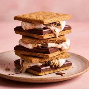 Stack of allergen-free s'mores made with Freedom vegan roasting marshmallows and dairy-free chocolate