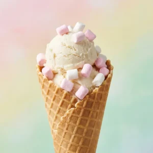 Vanilla ice cream topped with Freedom mini vegan marshmallows - dairy-free, gluten-free dessert topping