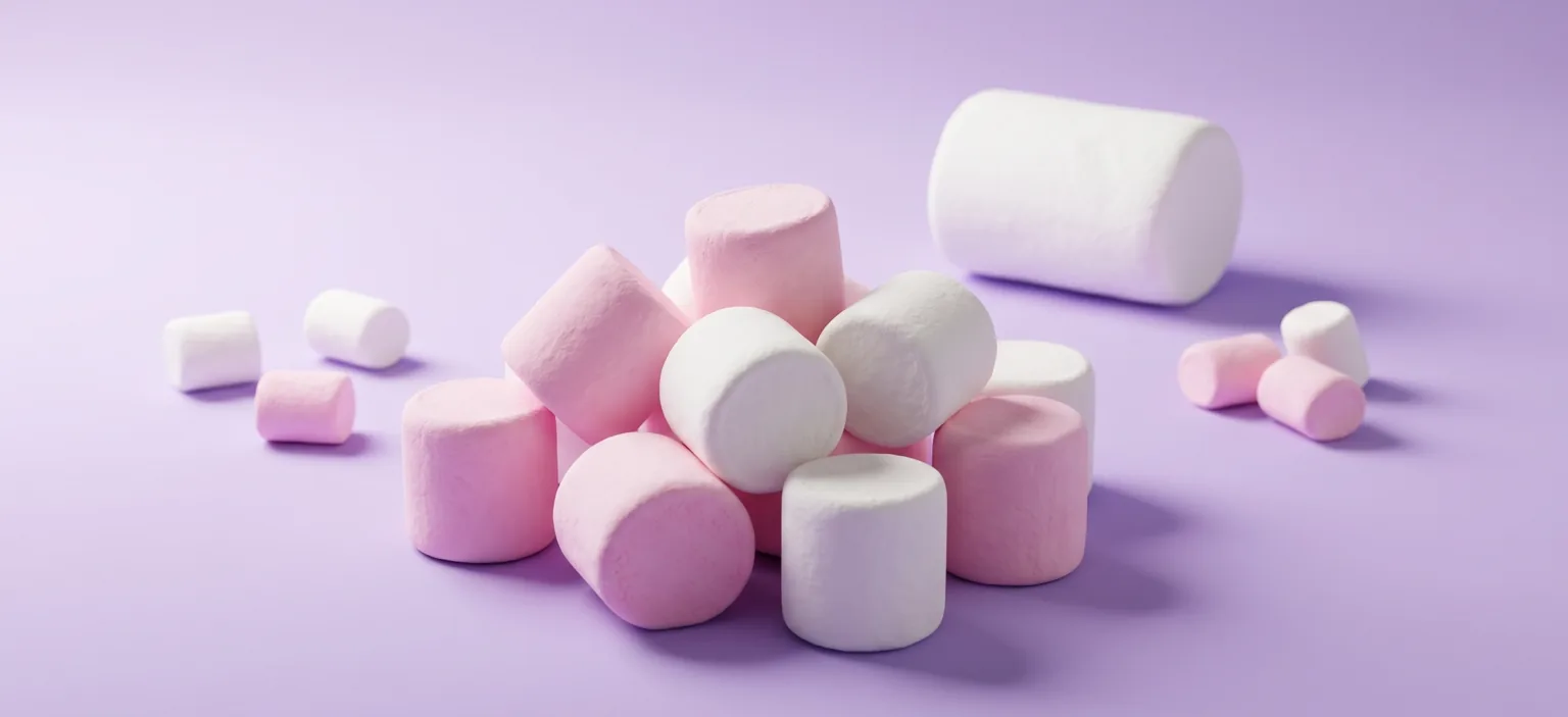 Pile of NEW Freedom Biggie Minis pink and white vegan marshmallows on a lilac background