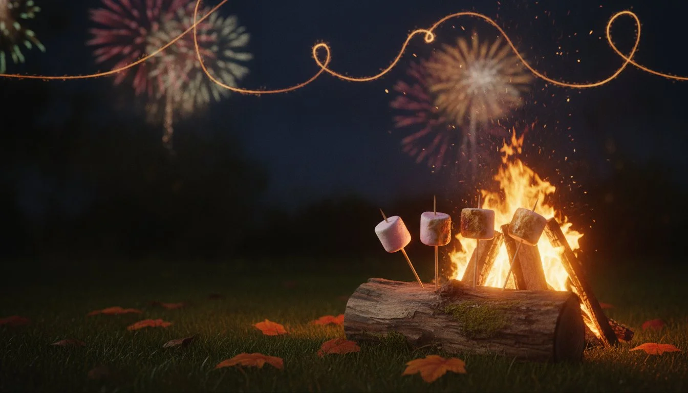 Marshmallows toasting by a bonfire on Bonfire Night