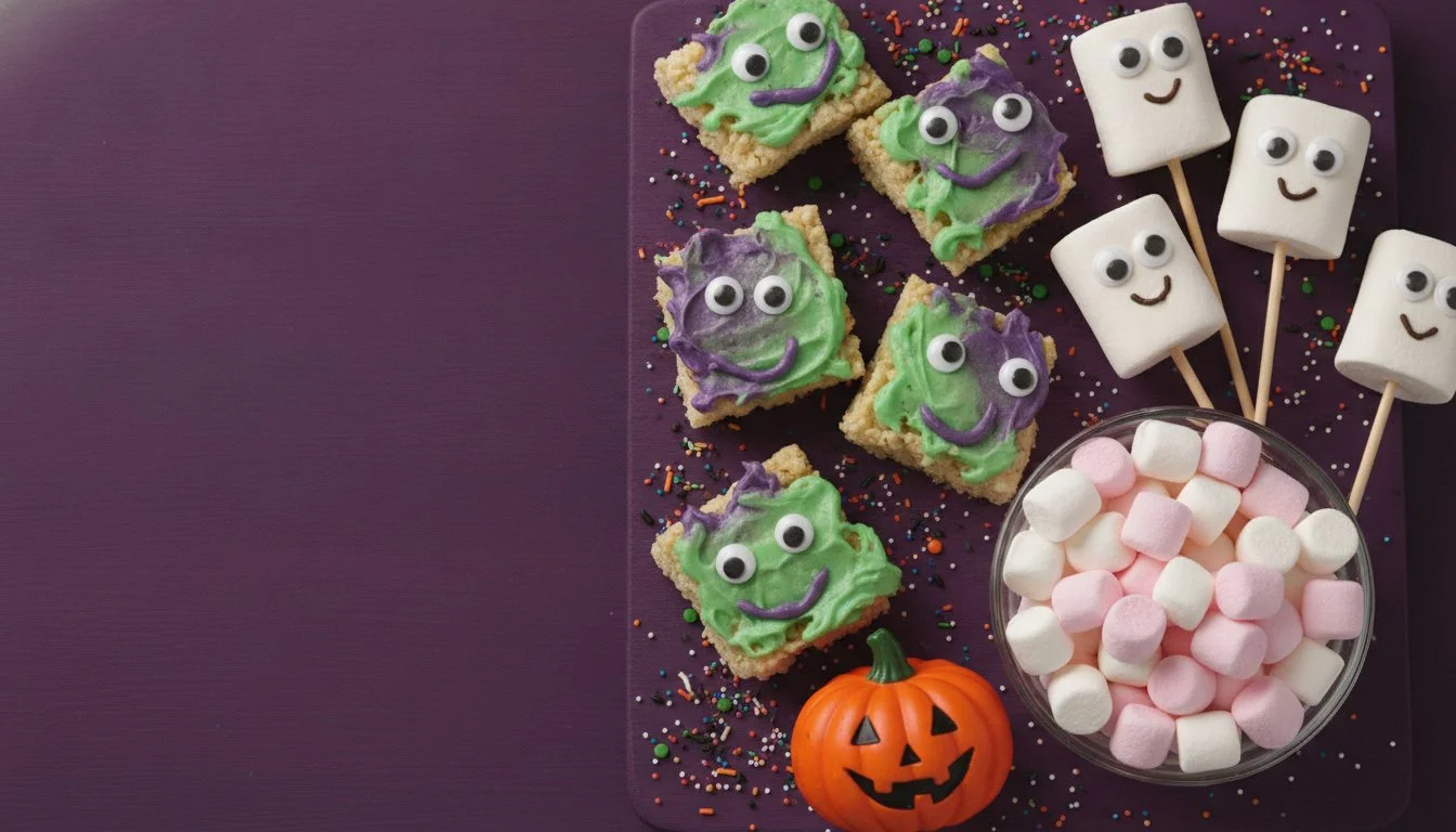 Halloween marshmallow ghost pops and rice krispie monsters