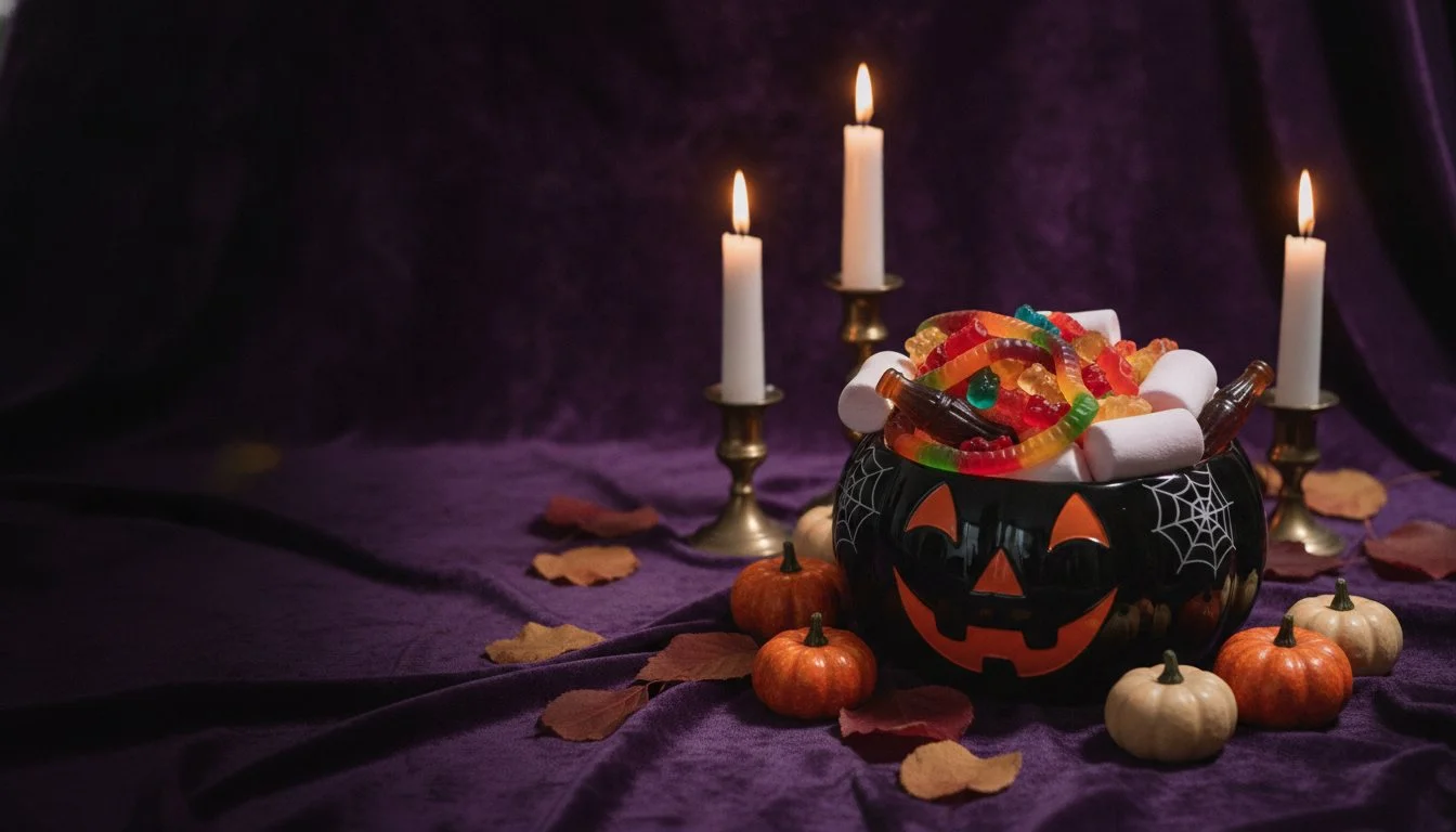 Trick-or-treat bowl full of gummies and marshmallows